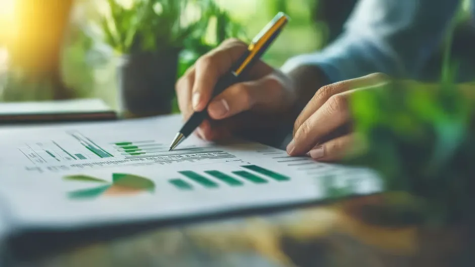 Blick auf eine am Schreibtisch sitzende Person, die mit einem Stift auf ein Papier mit Diagrammen in verschiedenen Grün-Schattierungen deutet